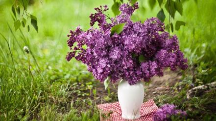 Flowers grass ground vase purple wallpaper