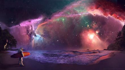 Galaxies nebulae surfing astronauts lakes surfers cosmic wallpaper