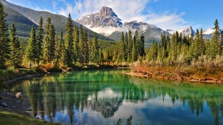 Mountains clouds landscapes trees lakes reflections wallpaper