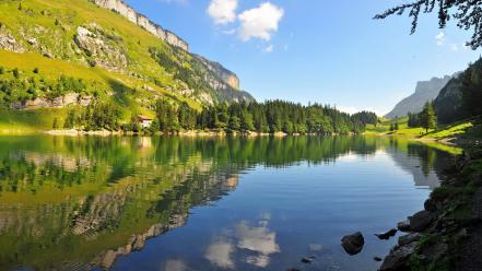 Mountains clouds landscapes trees wallpaper