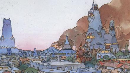 Artwork traditional art moebius cities french artist wallpaper