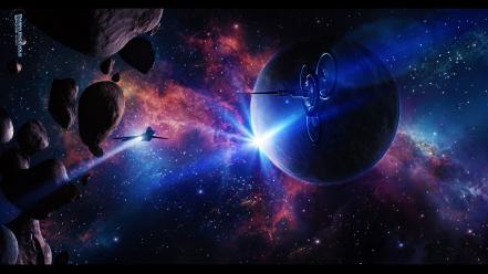 Futuristic planets fantasy art spaceships asteroids wallpaper