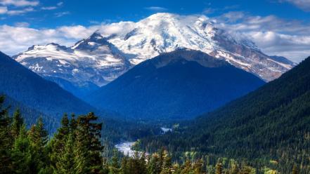 Mountains snow forest valley rivers wallpaper