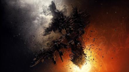 Outer space explosions illustrations spaceships science fiction artwork wallpaper