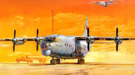 Sunset aircraft desert artwork antonov an-12 wallpaper