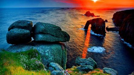 Water sunset horizon stones scenic sea wallpaper