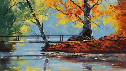 Paintings autumn (season) bridges lakes wallpaper