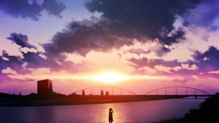 Water sunset clouds grass twintails scenic anime girls wallpaper