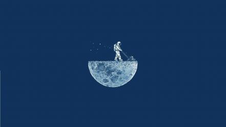 Blue minimalistic moon astronauts lawnmower fun art wallpaper