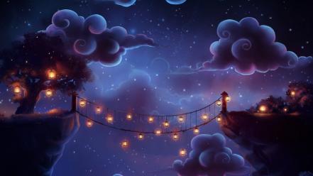 Clouds lanterns rope bridge wallpaper