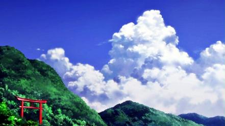 Mountains clouds trees natsuiro kiseki skies wallpaper