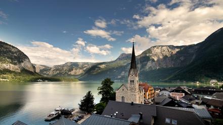 Nature houses church lakes hallstatt cities view wallpaper