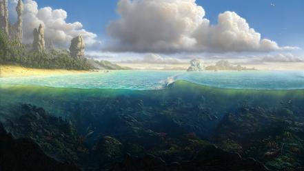Ocean clouds fish rocks plants artwork underwater split-view wallpaper