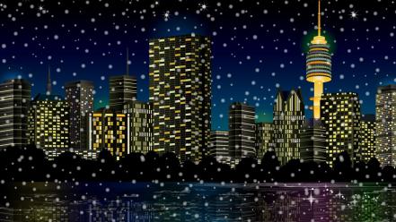 Vector city skyline snowing wallpaper