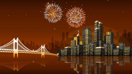Vector fireworks bridges urban city skyline wallpaper