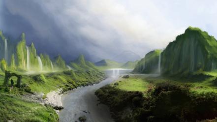 Landscapes hills fantasy art artwork waterfalls rivers wallpaper