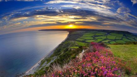 Landscapes nature sun multicolor fields panorama wallpaper