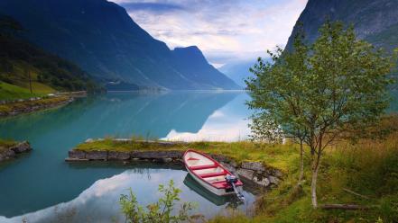 Nature trees norway boats lakes fjord reflections wallpaper
