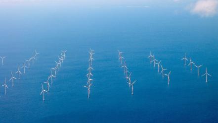 Ocean clouds windmills wind generators turbines sea wallpaper