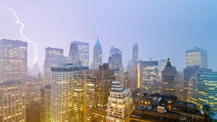 Cityscapes new york city skyscrapers lightning wallpaper