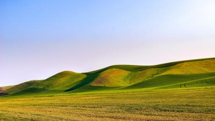 Landscapes nature grass fields hills clear blue sky wallpaper