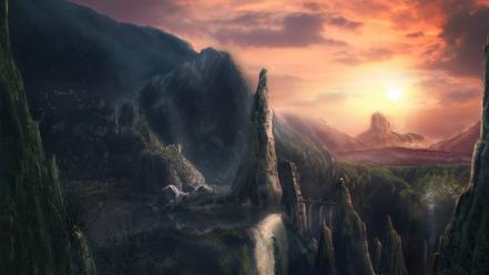 🥇 Skylines rocks bridges falls fantasy art town wallpaper | (8222)