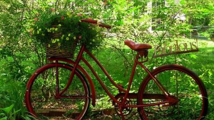 Bike red flowers bicycles garden wallpaper