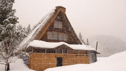 Japan winter snow buildings wallpaper