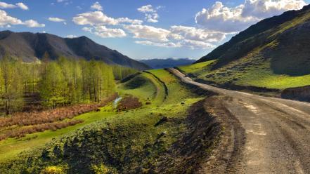 Mountains clouds landscapes trees hills roads skyscapes wallpaper