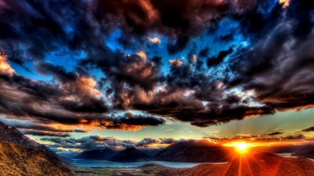 Sunset mountains clouds landscapes nature rivers wallpaper