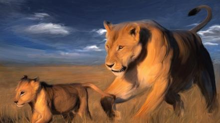 Animals illustrations mother cubs lions baby wallpaper