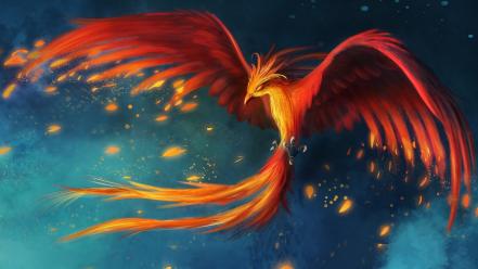 Birds animals fire phoenix feathers digital art artwork wallpaper