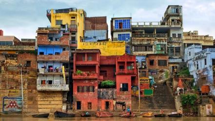 Clouds cityscapes houses asia rivers slum area india wallpaper