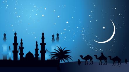 Moon silhouette camels artwork makkah caravan arabia wallpaper