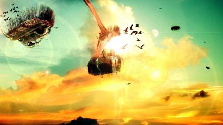 Surreal floating island desktopography creativity skies birds wallpaper