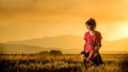 Women sunset fields red dress lindsey stirling violinist wallpaper