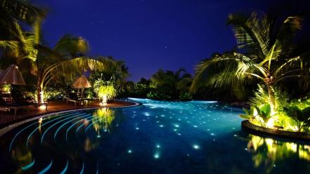 Ocean night lights palm trees swimming pools wallpaper