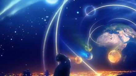 Outer space cats planets nightfall wallpaper