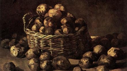 Artwork potatoes baskets traditional art still life wallpaper