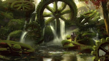 Landscapes forest knights gears moss digital art artwork wallpaper