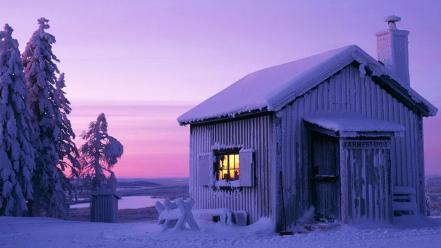 Winter snow trees sweden moonlight cabin wallpaper