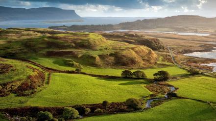 Green landscapes fields ocean background pasture wallpaper