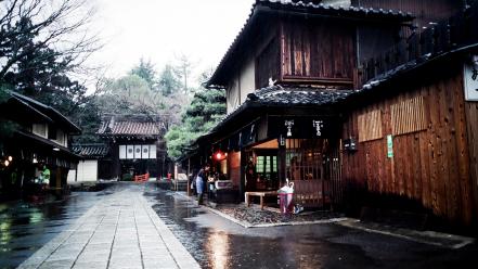 Japan trees cityscapes rain houses people asia wallpaper