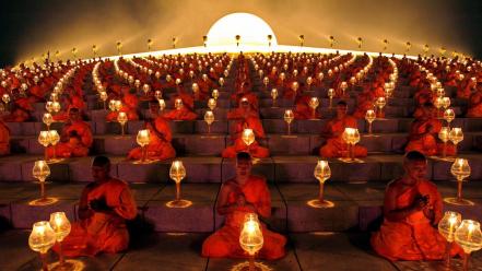 Lights lanterns buddhism sitting symmetry monks buddhist wallpaper