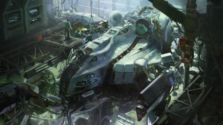 Mech people digital art artwork hangar wallpaper