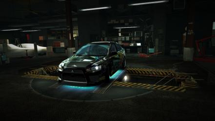 Mitsubishi lancer world evo shatter garage nfs wallpaper