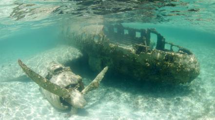 Nature aircraft wrecks underwater waterscapes wallpaper