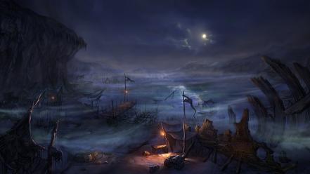 Night moon fantasy art sea wallpaper
