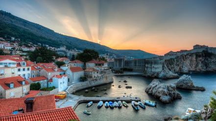 Sunrise ocean cityscapes cliffs europe harbour town boats wallpaper