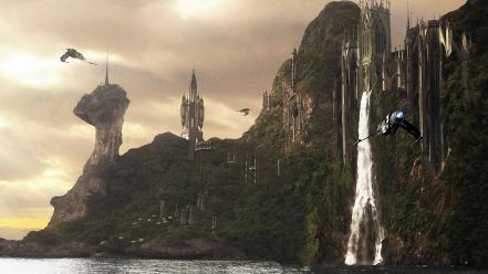 Art science fiction waterfalls vegetation skies sea wallpaper